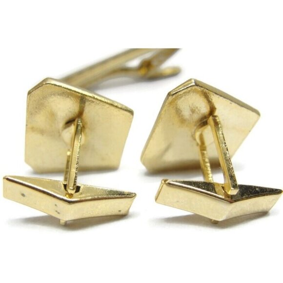 Asymmetrical Cufflinks Tie Clip Set Gold Tone Wedding Tux Vintage - Picture 14 of 16